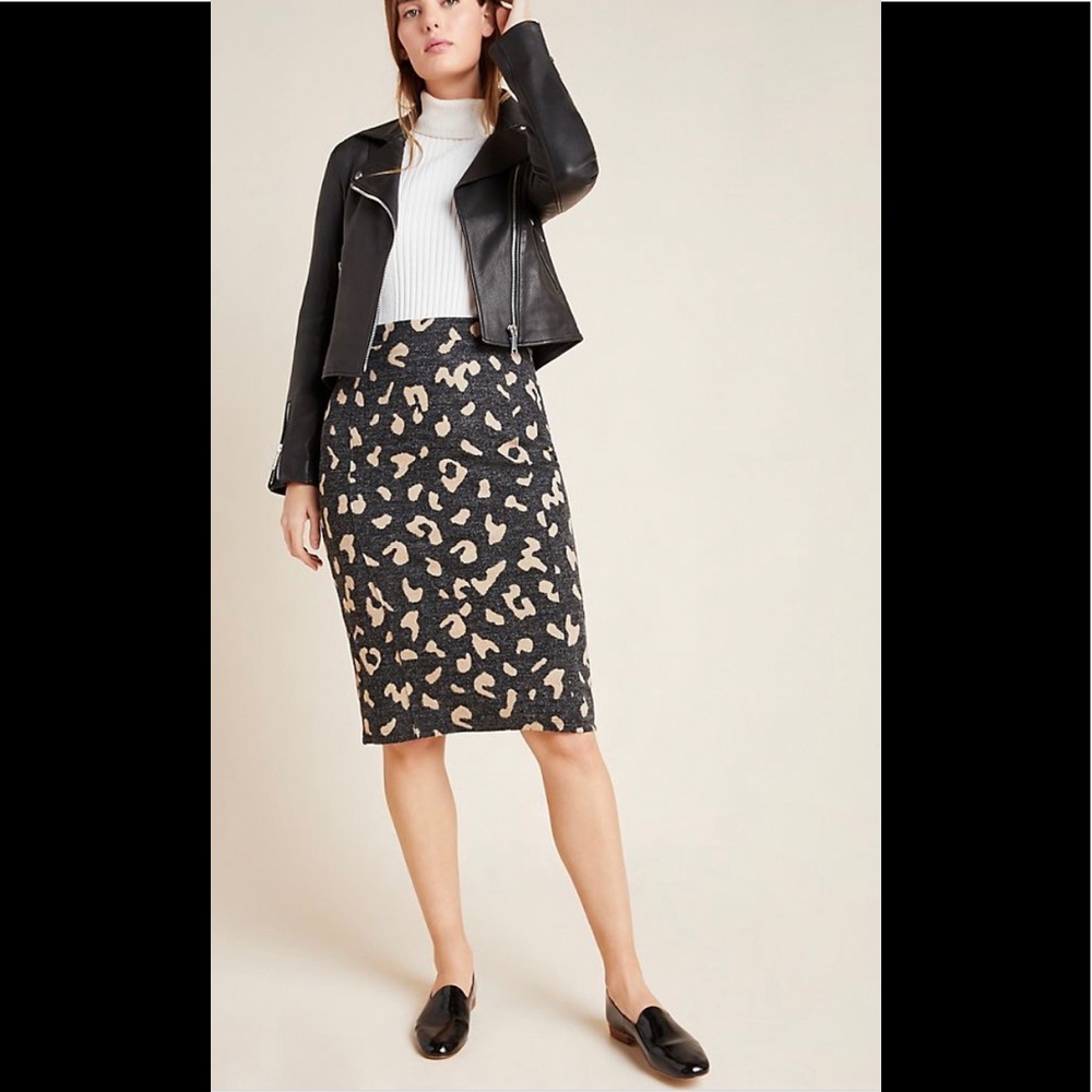Anthropologie Black and Cream Leopard Print Pencil Skirt